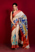 Cream white and blue hand painted pure tussar kalamkari saree - zari border woman hand-painted saree 1