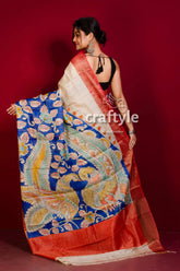 Cream white and blue hand painted pure tussar kalamkari saree - zari border painted silk saree 4