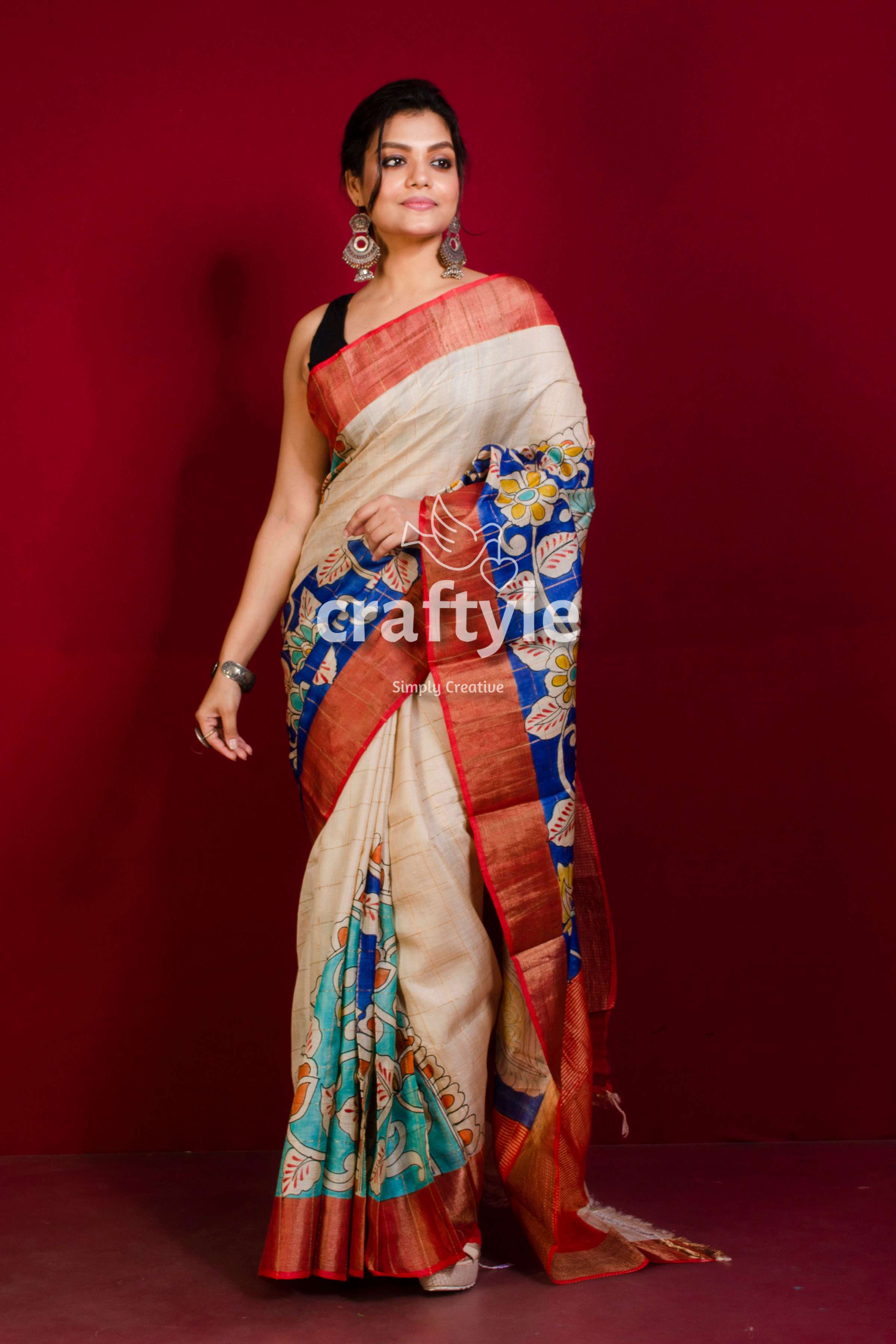 Cream White and Blue Hand Painted Pure Tussar Kalamkari Saree - Zari Border - Craftyle