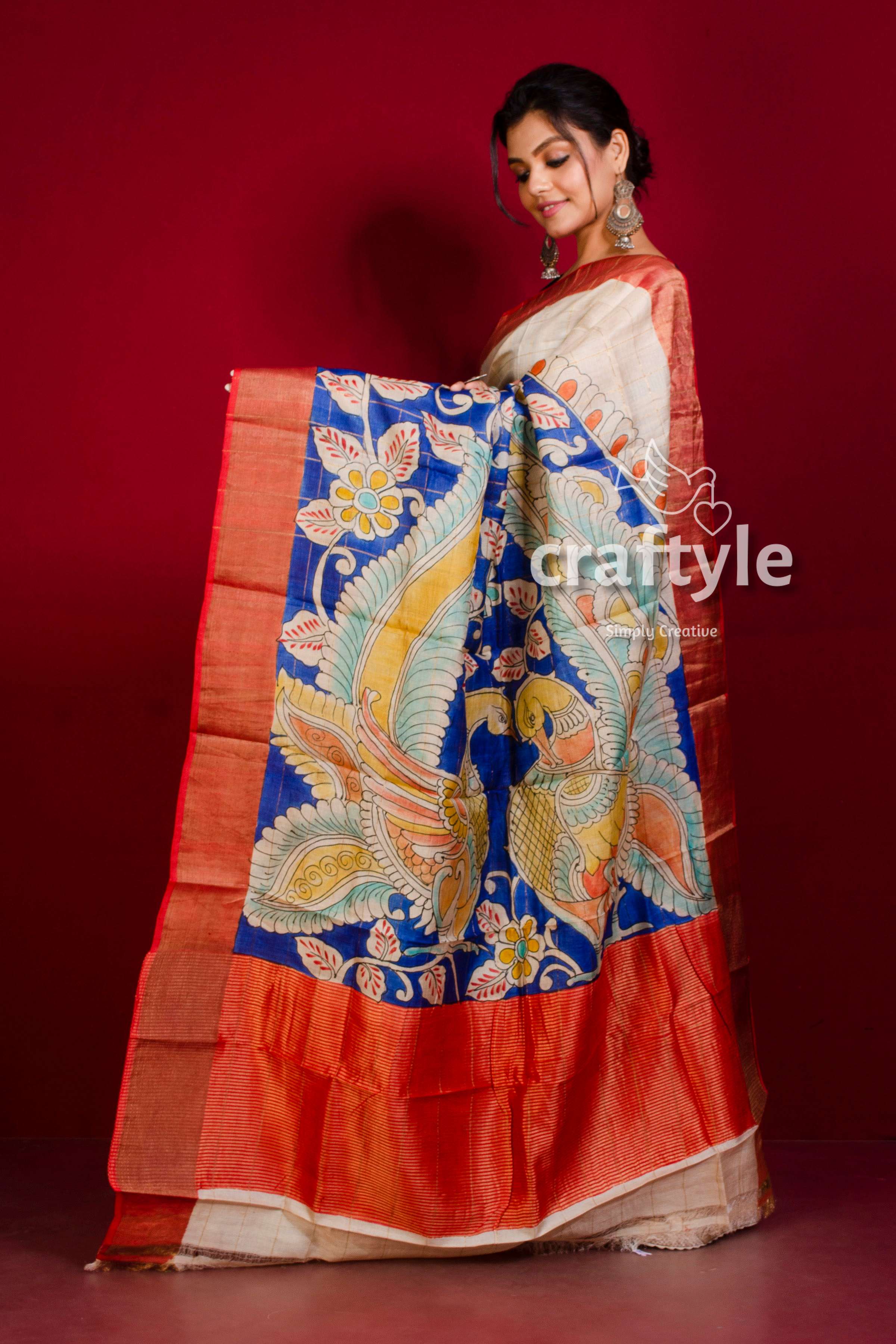 Cream White and Blue Hand Painted Pure Tussar Kalamkari Saree - Zari Border - Craftyle