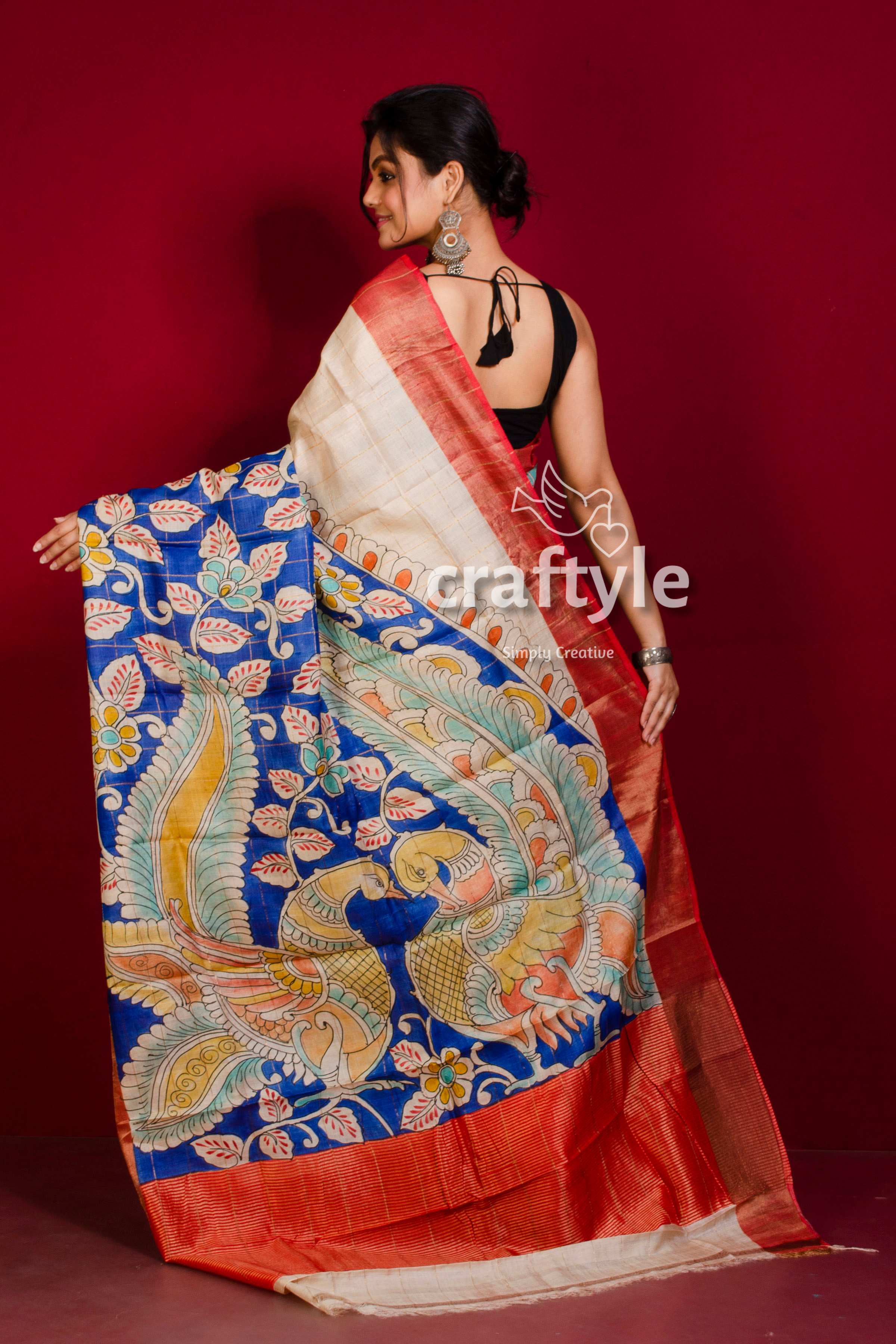 Cream White and Blue Hand Painted Pure Tussar Kalamkari Saree - Zari Border - Craftyle