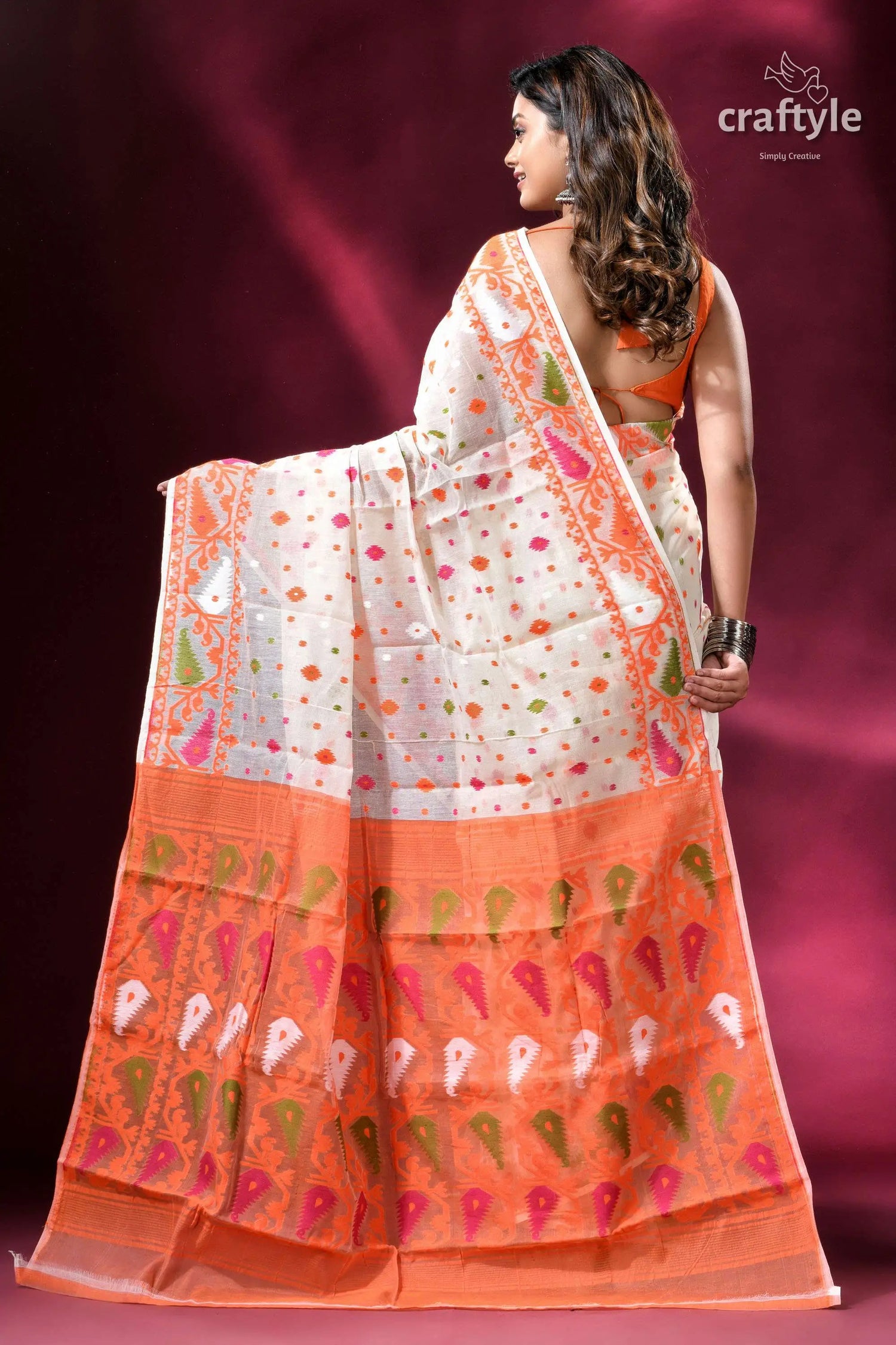 Cream white and orange intricate soft jamdani saree white saree orange border colorful 5
