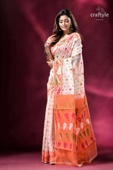 Cream white and orange intricate soft jamdani saree woman patterned saree 3