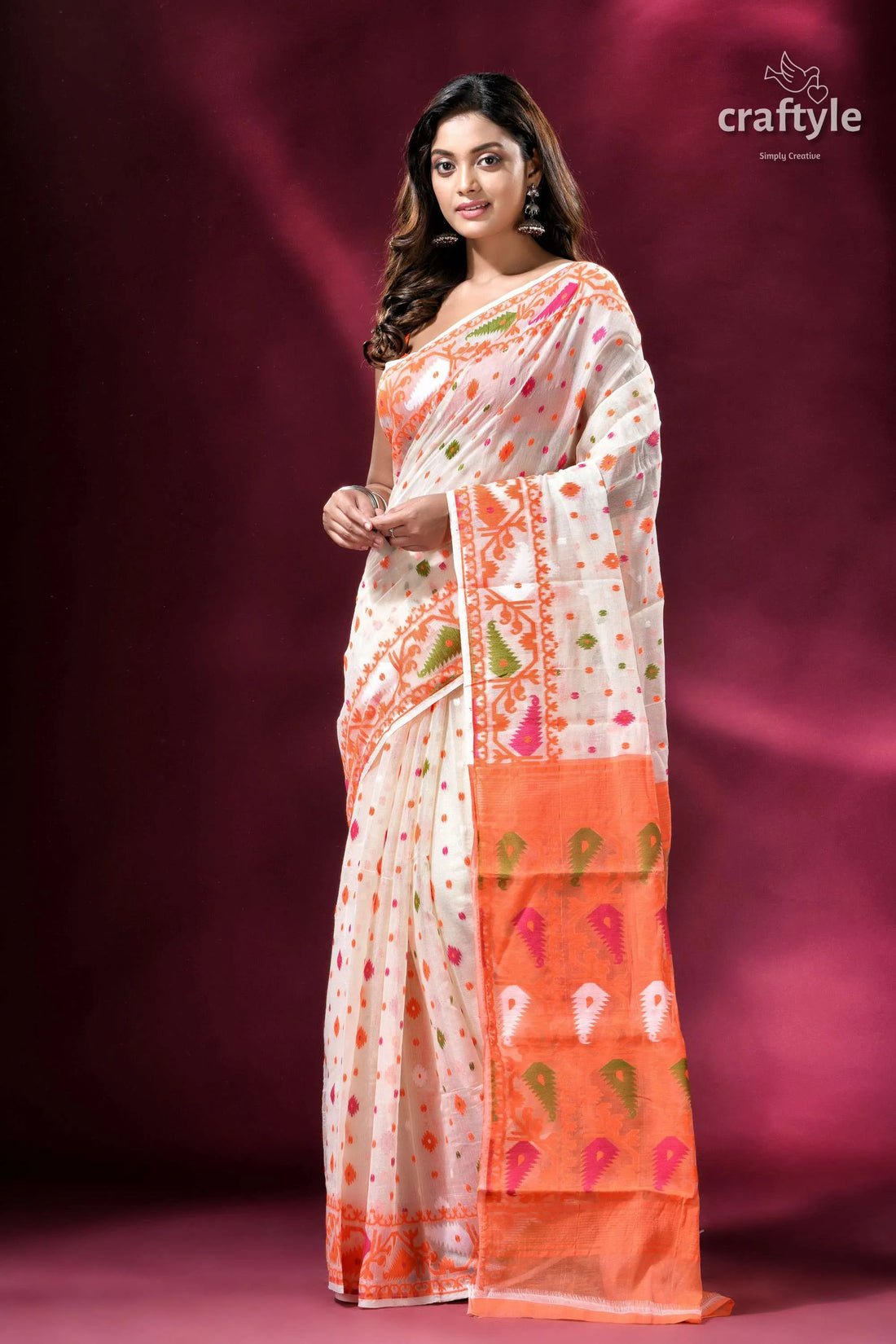 Cream white and orange intricate soft jamdani saree woman 1
