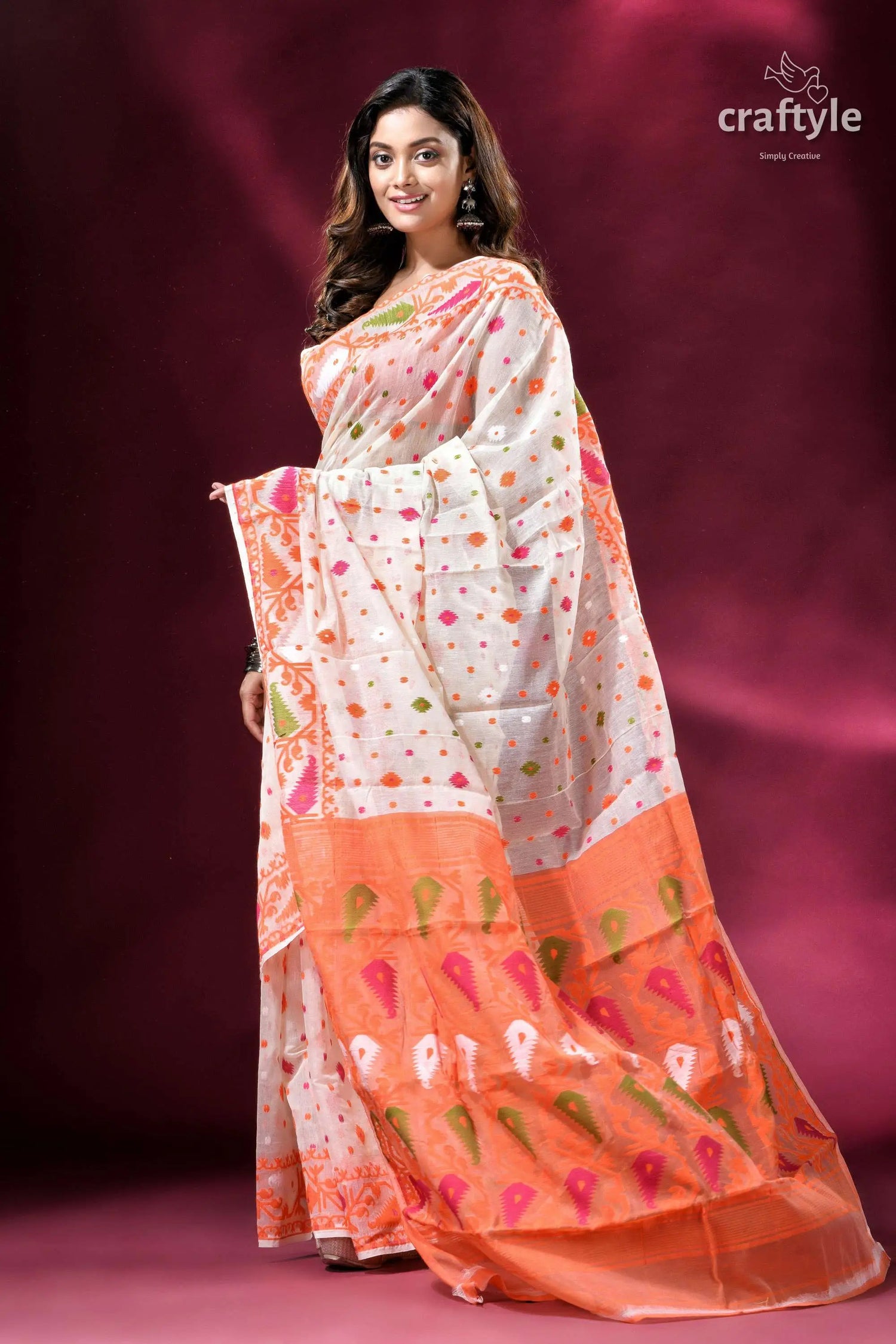 Cream white and orange intricate soft jamdani saree white saree orange border colorful 6