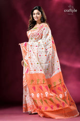 Cream white and orange intricate soft jamdani saree white saree orange border colorful 6