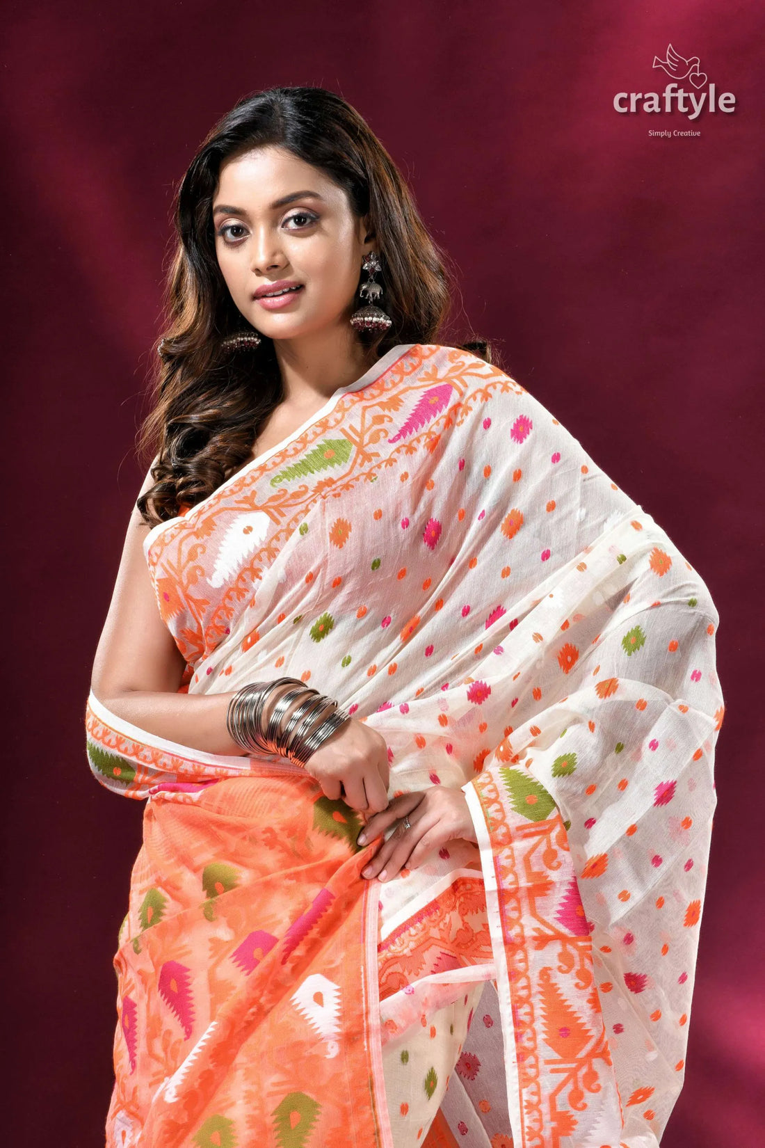Cream white and orange intricate soft jamdani saree woman patterned 2