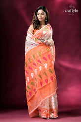 Cream white and orange intricate soft jamdani saree woman orange white saree 4