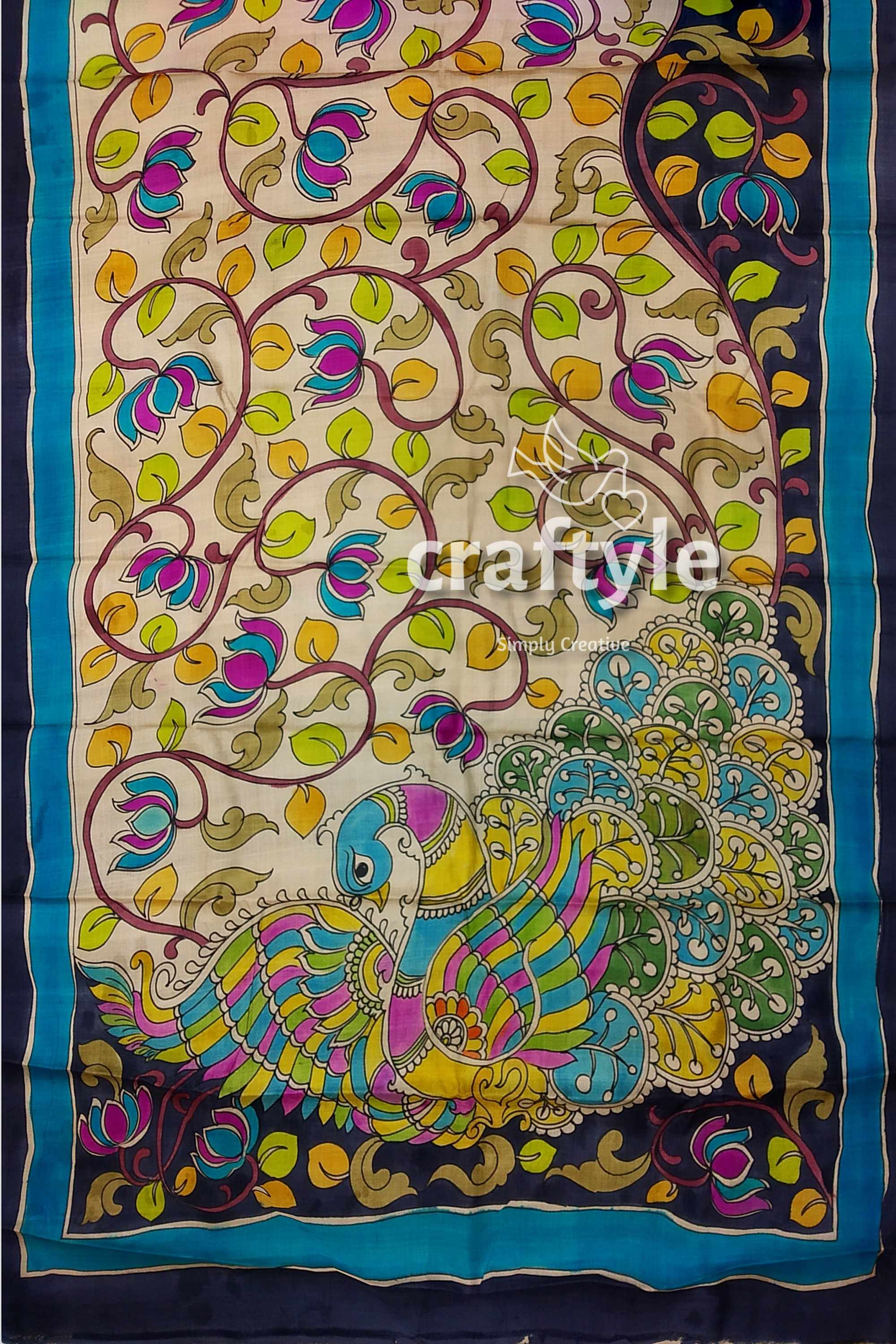 Cream White Black Pure Tussar Kalamkari Sari - Handcrafted Peacock Motif - Craftyle