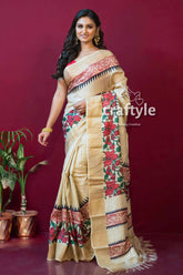 Cream white block printed zari pure tussar silk sarees with blouse piece elegant beige saree floral geometric 1