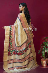 Cream white block printed zari pure tussar silk sarees with blouse piece beige saree floral geometric borders 4