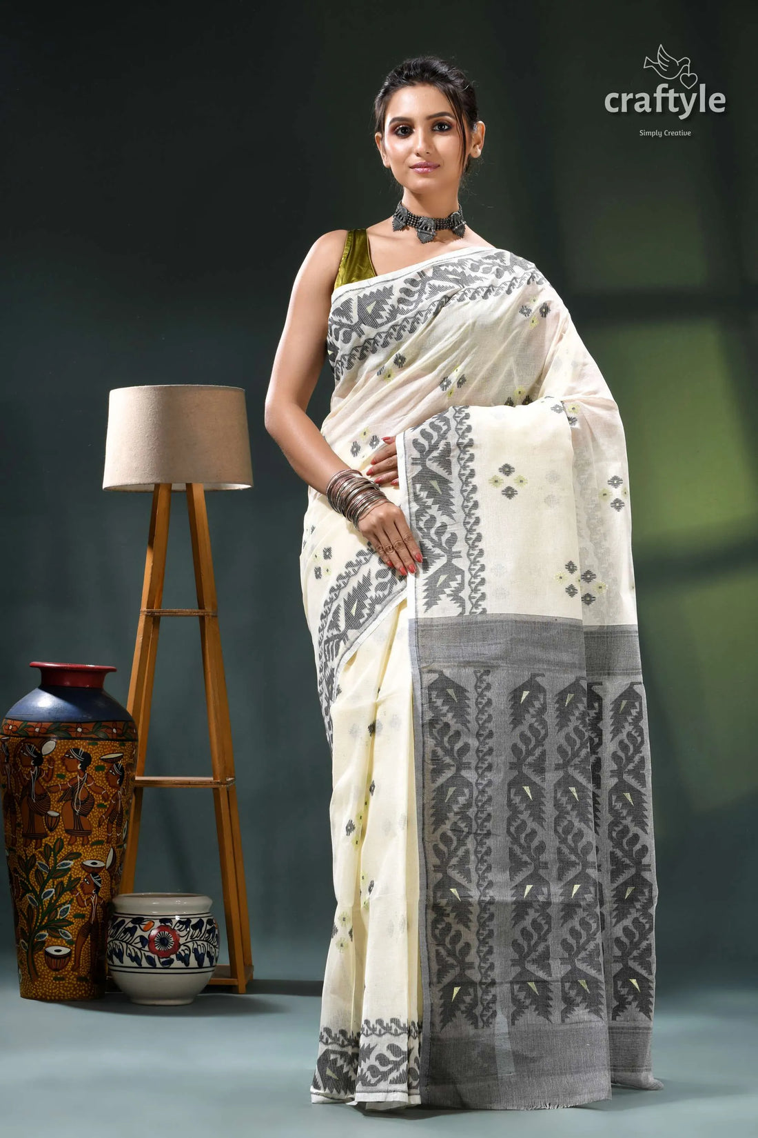 Cream white elegant design cotton jamdani saree gray intricate black 1