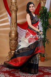 Cream white hand block printed pure tussar silk saree for women woman patterned saree 3