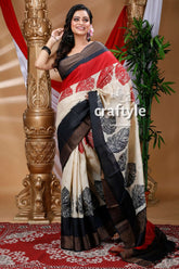 Cream white hand block printed pure tussar silk saree for women woman patterned saree 1