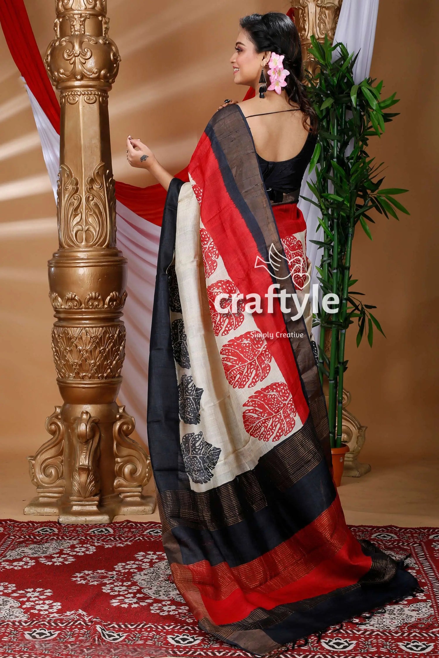 Cream white hand block printed pure tussar silk saree for women woman red white black saree 4