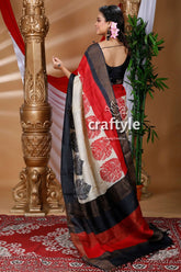 Cream white hand block printed pure tussar silk saree for women woman red white black saree 4