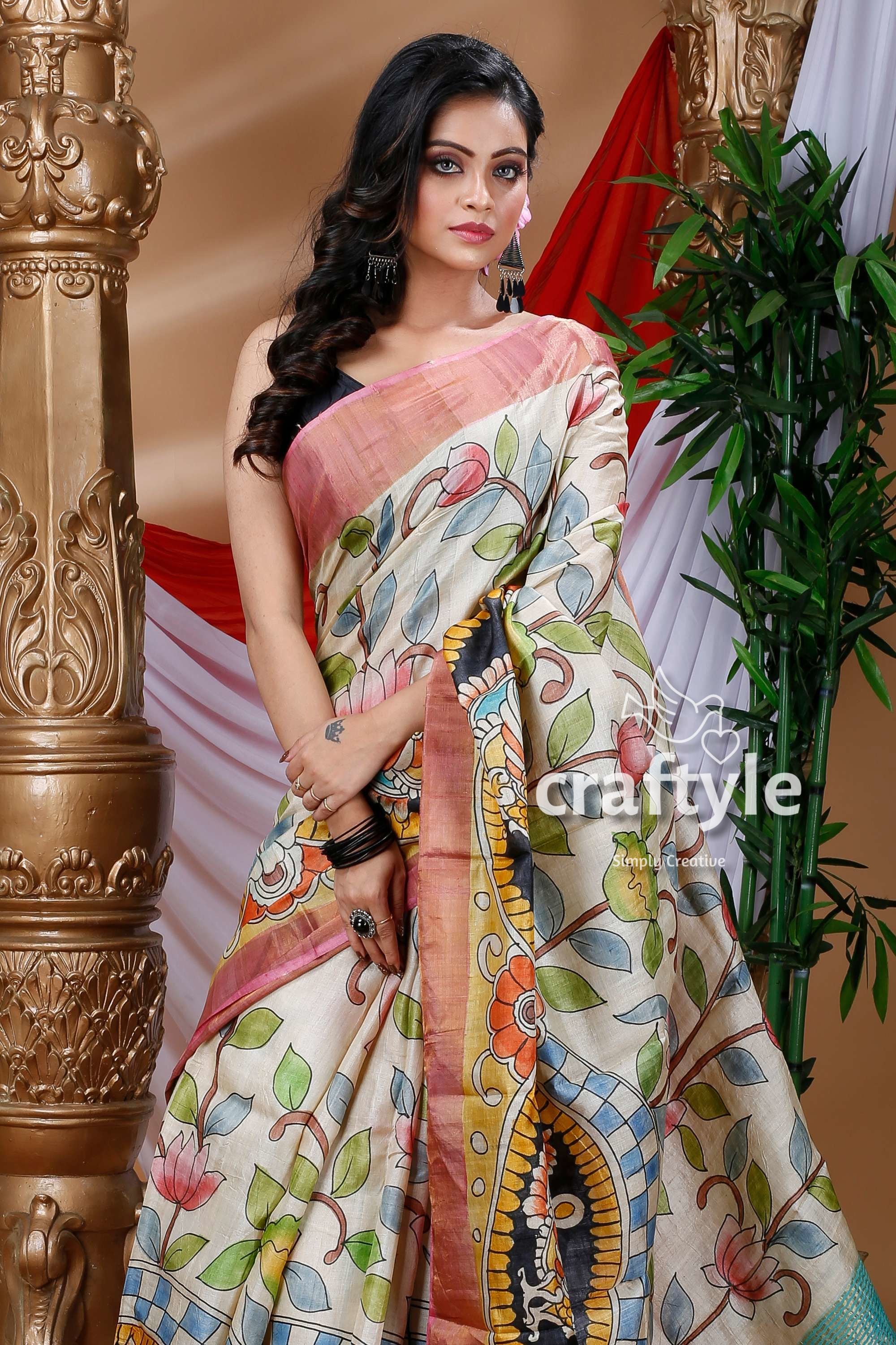 Cream White Hand Painted Zari Pure Tussar Kalamkari Saree - Craftyle