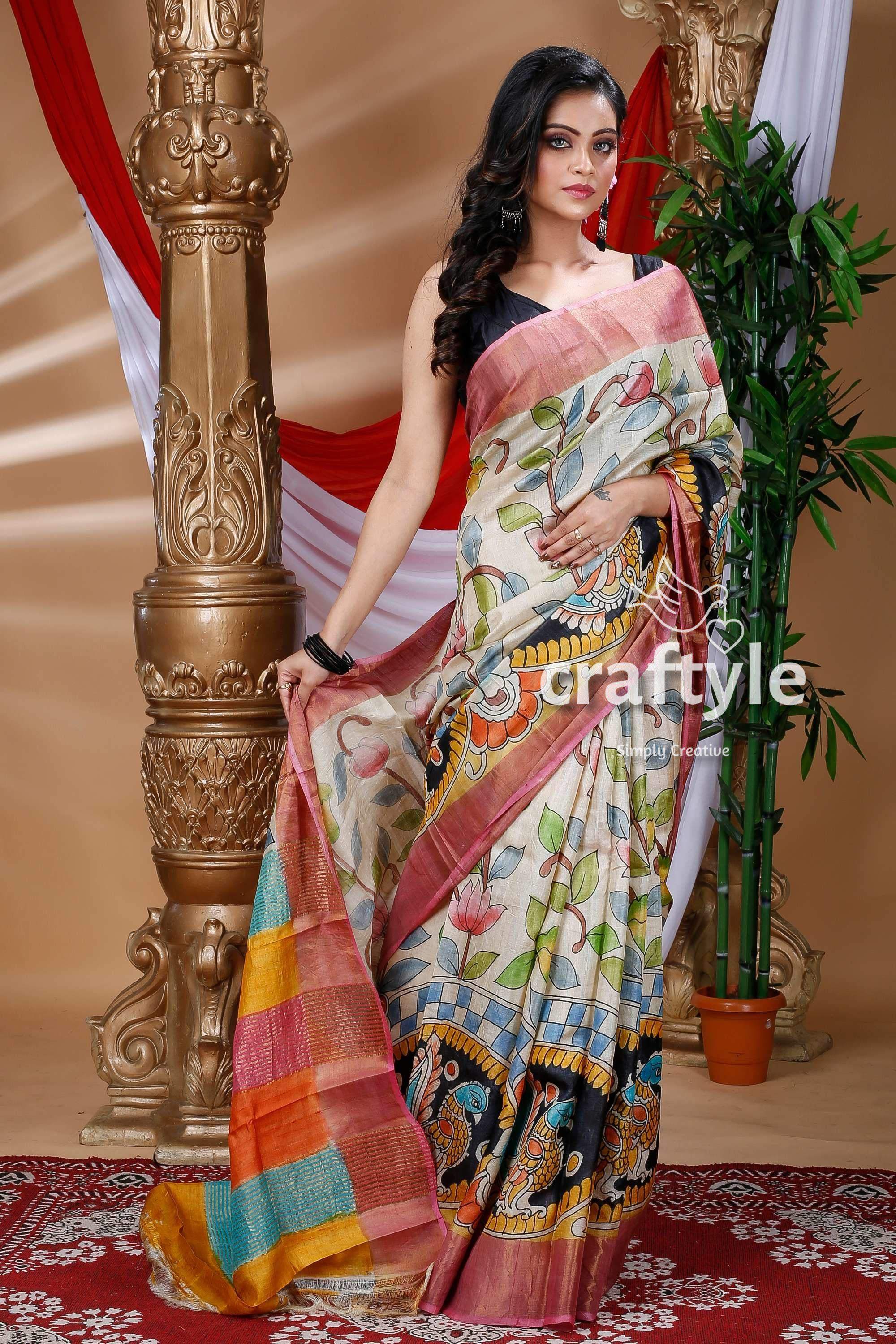 Cream White Hand Painted Zari Pure Tussar Kalamkari Saree - Craftyle