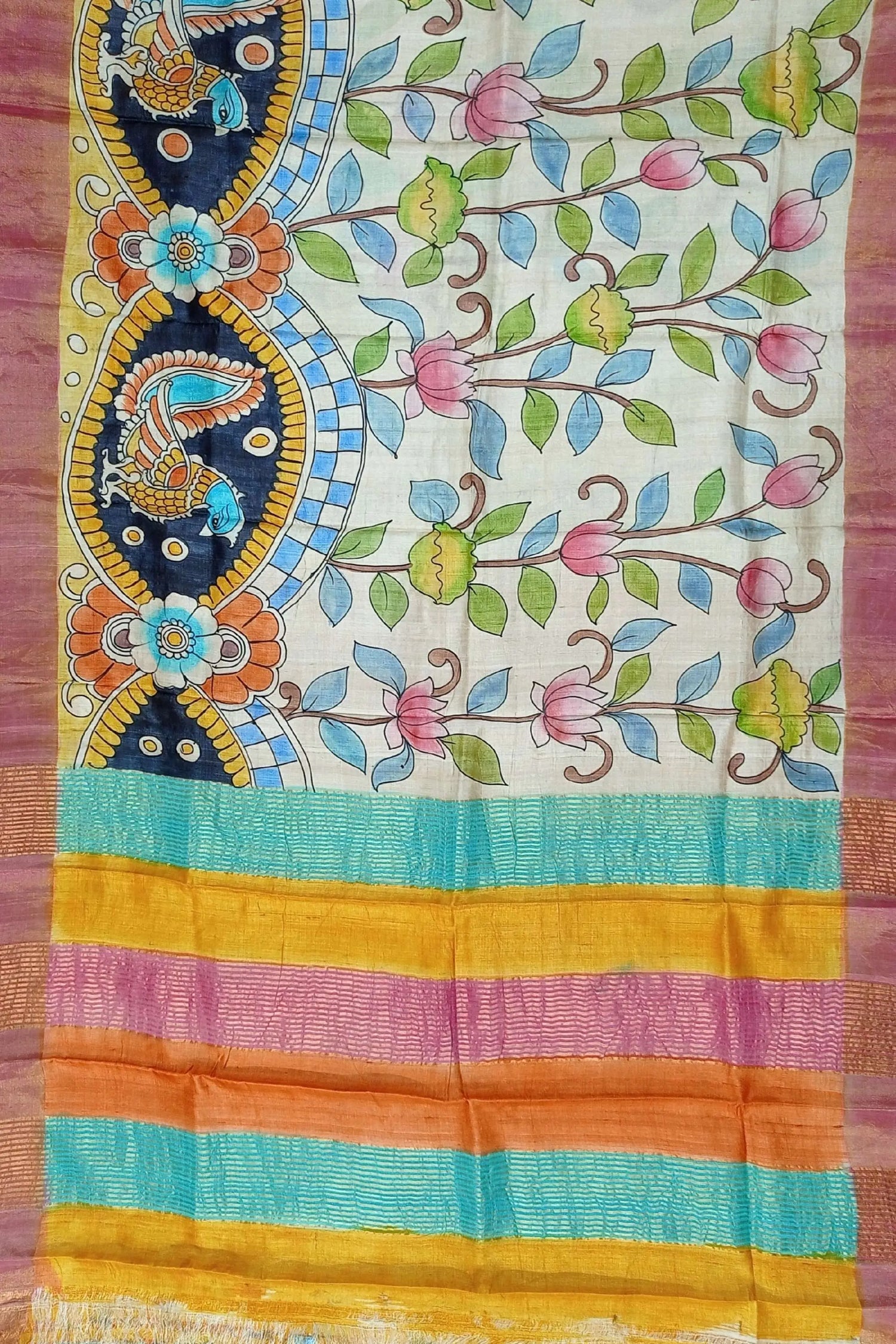 Cream white hand painted zari pure tussar kalamkari saree hand-painted silk scarf floral bird 5