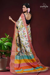 Cream white hand painted zari pure tussar kalamkari saree woman colorful saree 3