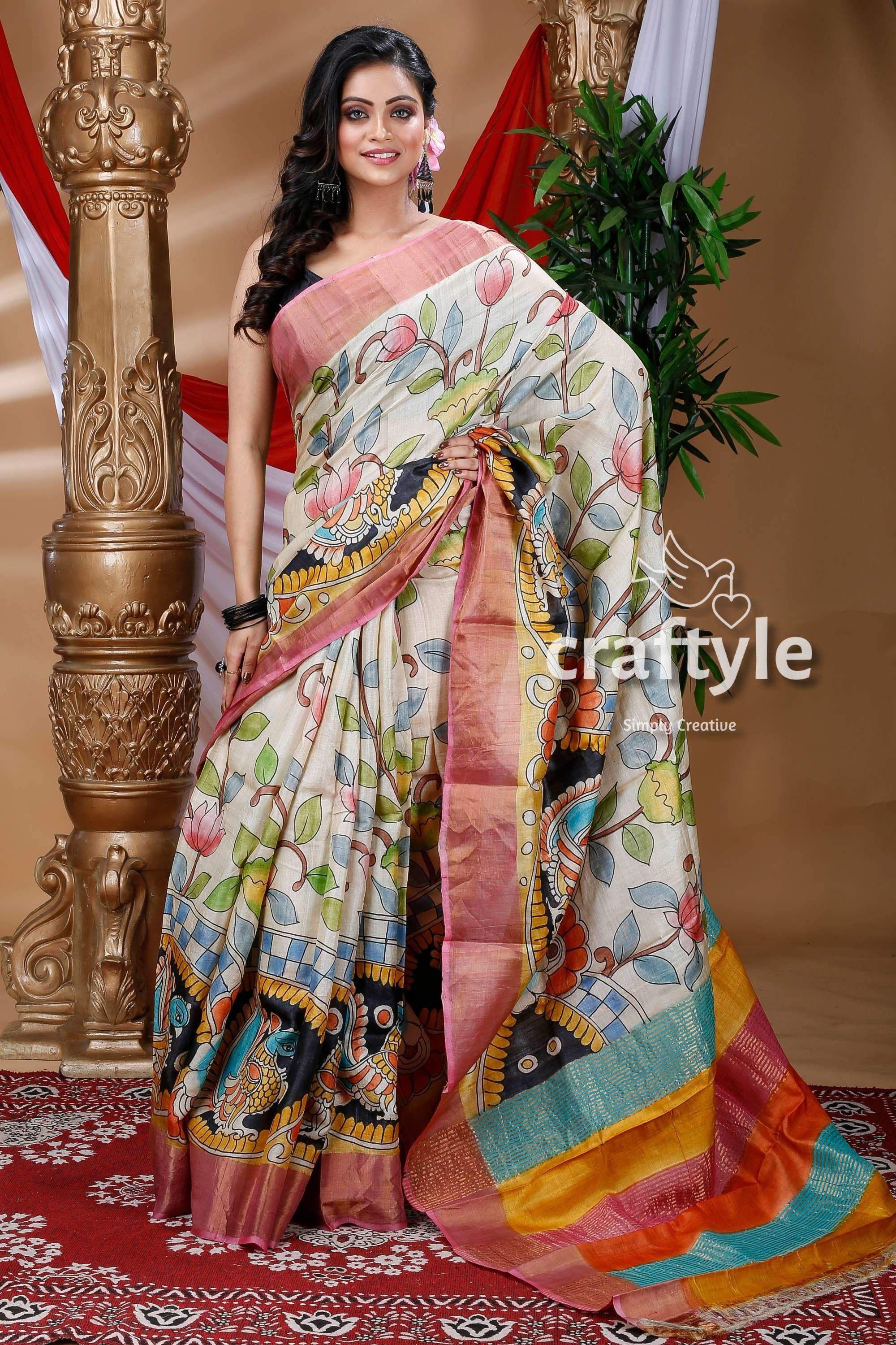 Cream White Hand Painted Zari Pure Tussar Kalamkari Saree - Craftyle