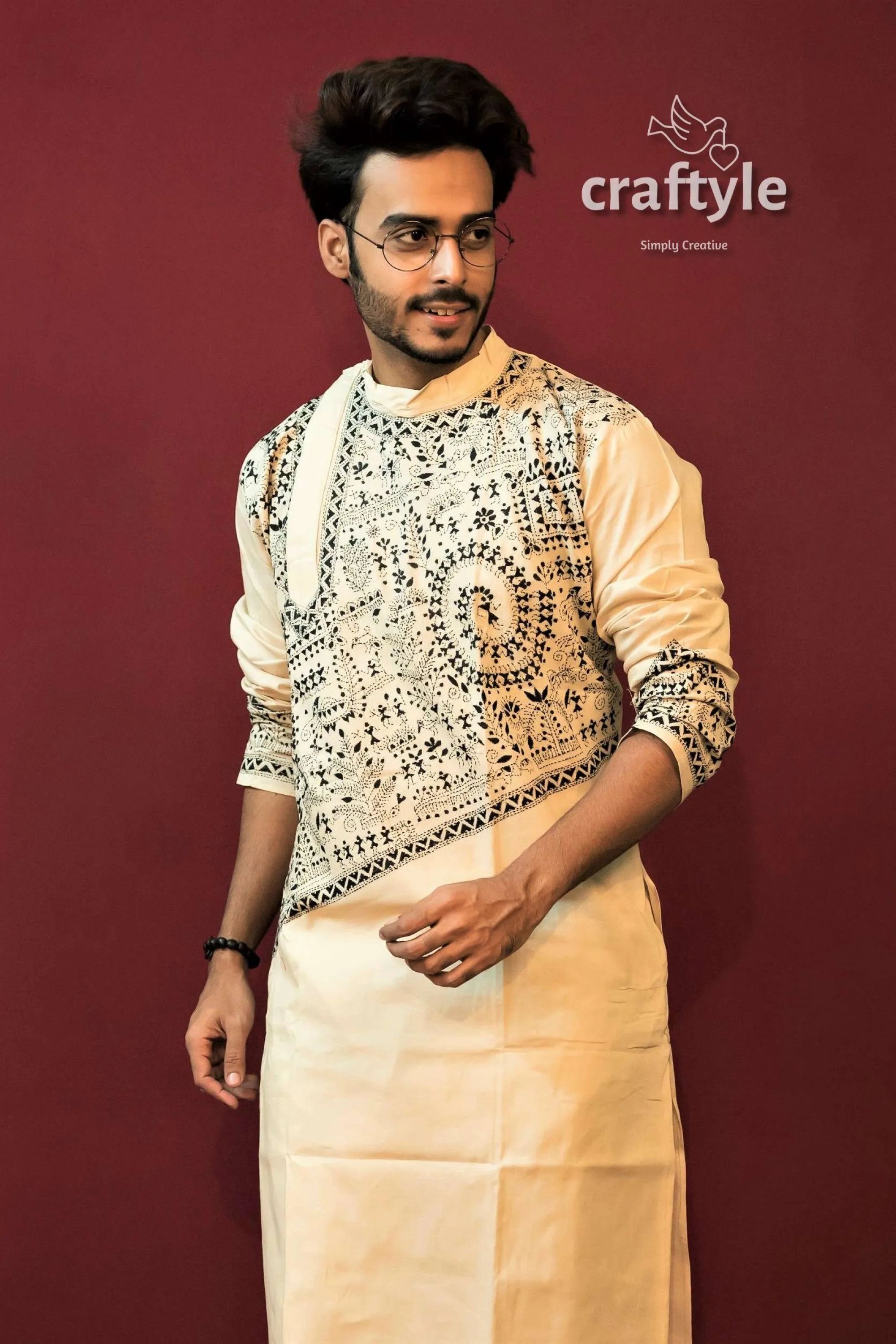 Cream white kantha stitch hand embroidered cotton panjabi for men men’s cream-colored kurta black 4