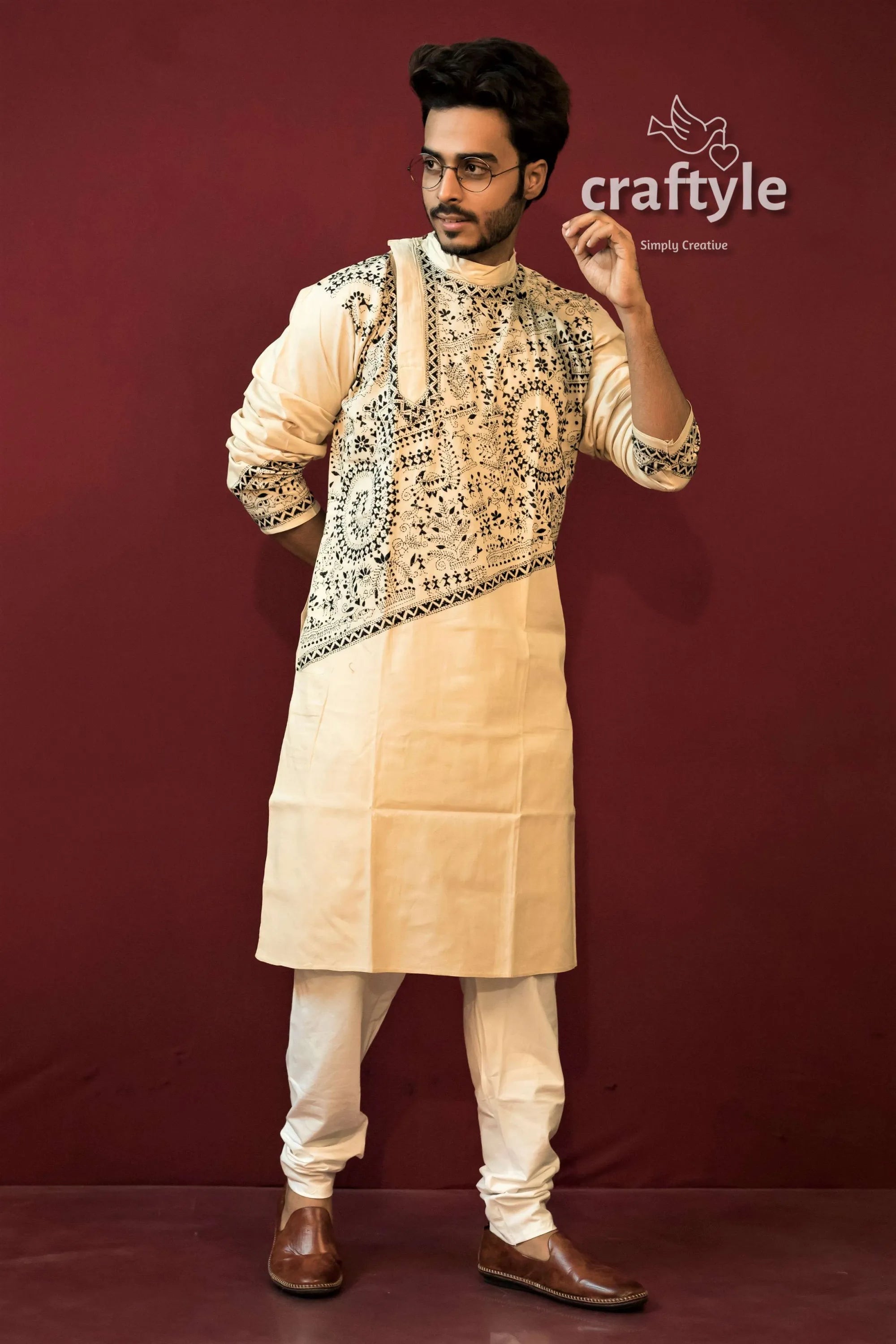 Cream white kantha stitch hand embroidered cotton panjabi for men men’s cream-colored kurta black embroidery 1