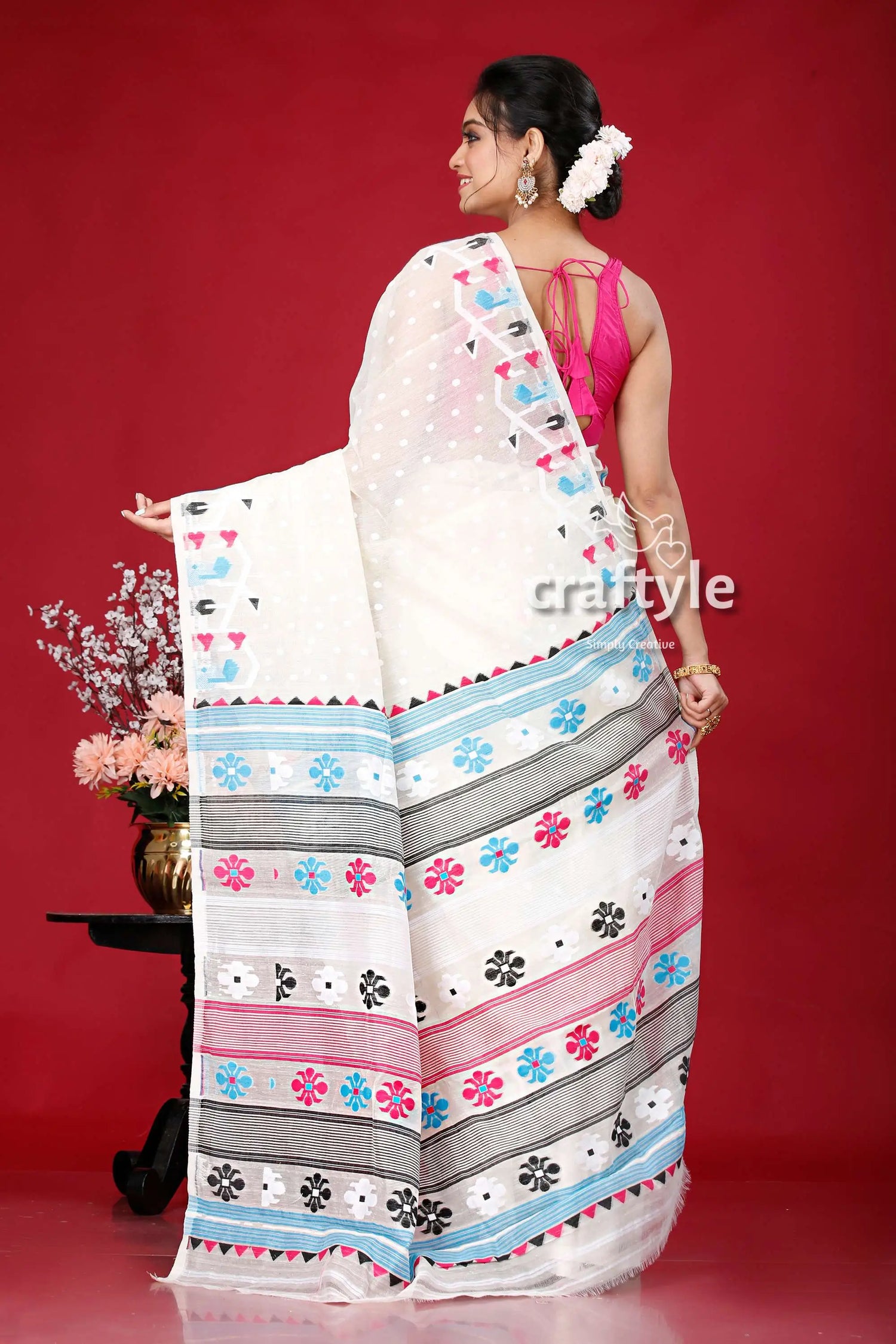 Cream white multicolor intricate jamdani saree white saree floral geometric patterns 5