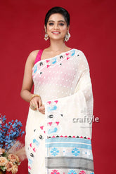 Cream white multicolor intricate jamdani saree woman white saree colorful patterns 2