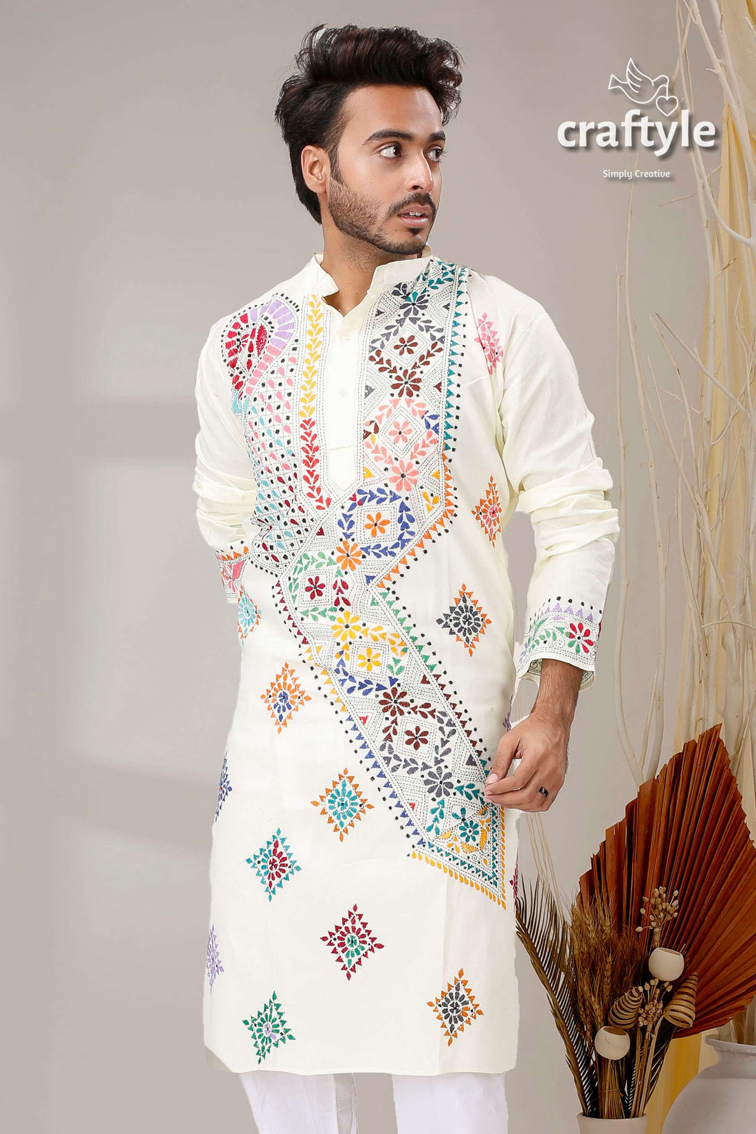 Cream White Multicolor Thread Kantha Hand Embroidered Men&