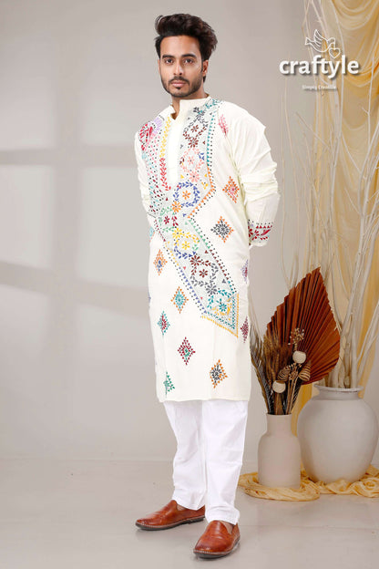 Cream White Multicolor Thread Kantha Hand Embroidered Men&