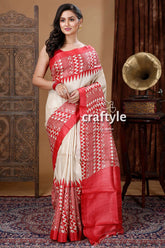 Cream white & red hand block pure tussar saree for women woman red white saree 1