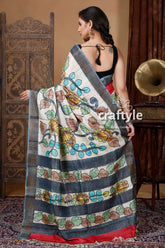 Cream white & red handcrafted zari border pure tussar kalamkari sari floral-patterned saree striped accents 5