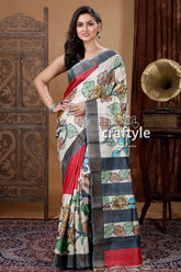 Cream white & red handcrafted zari border pure tussar kalamkari sari floral-patterned saree red gray accents 1