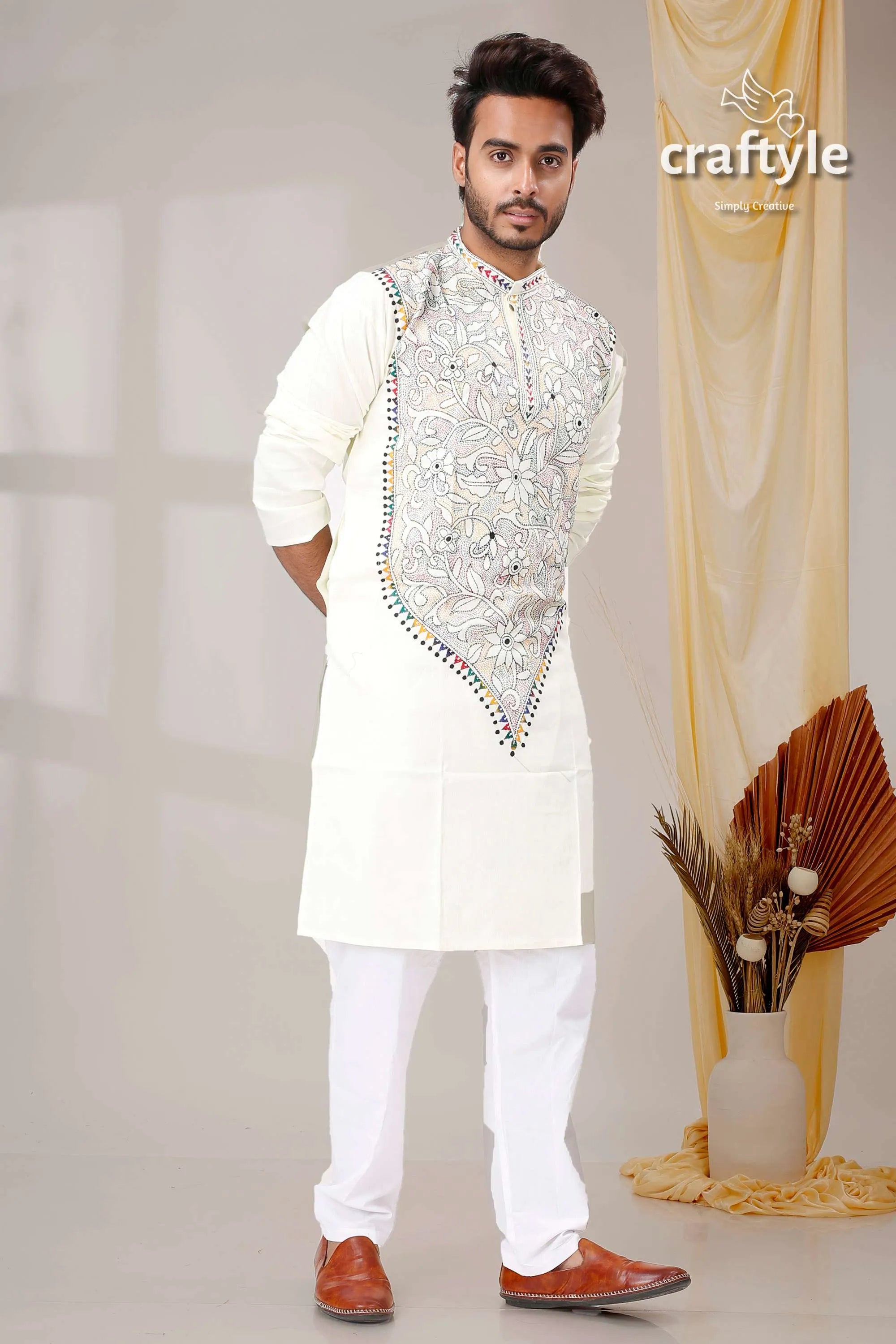 Cream white reverse kantha work hand embroidery men’s kurta embroidered intricate silver 3
