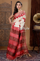 Cream white zigzag design hand block zari pure tussar saree woman red white saree 5