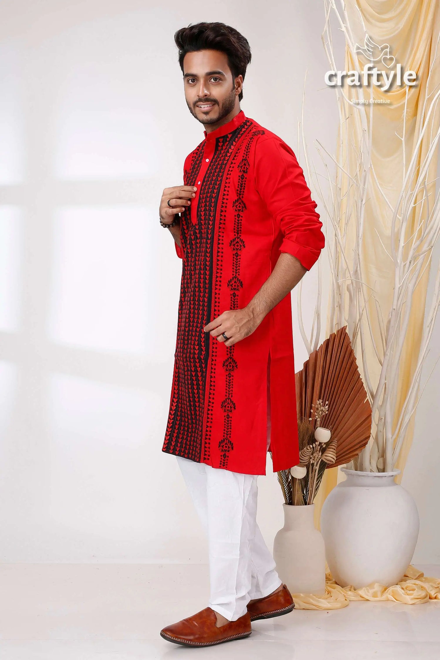 Crimson and black kantha work cotton punjabi for men red kurta black embroidery 3