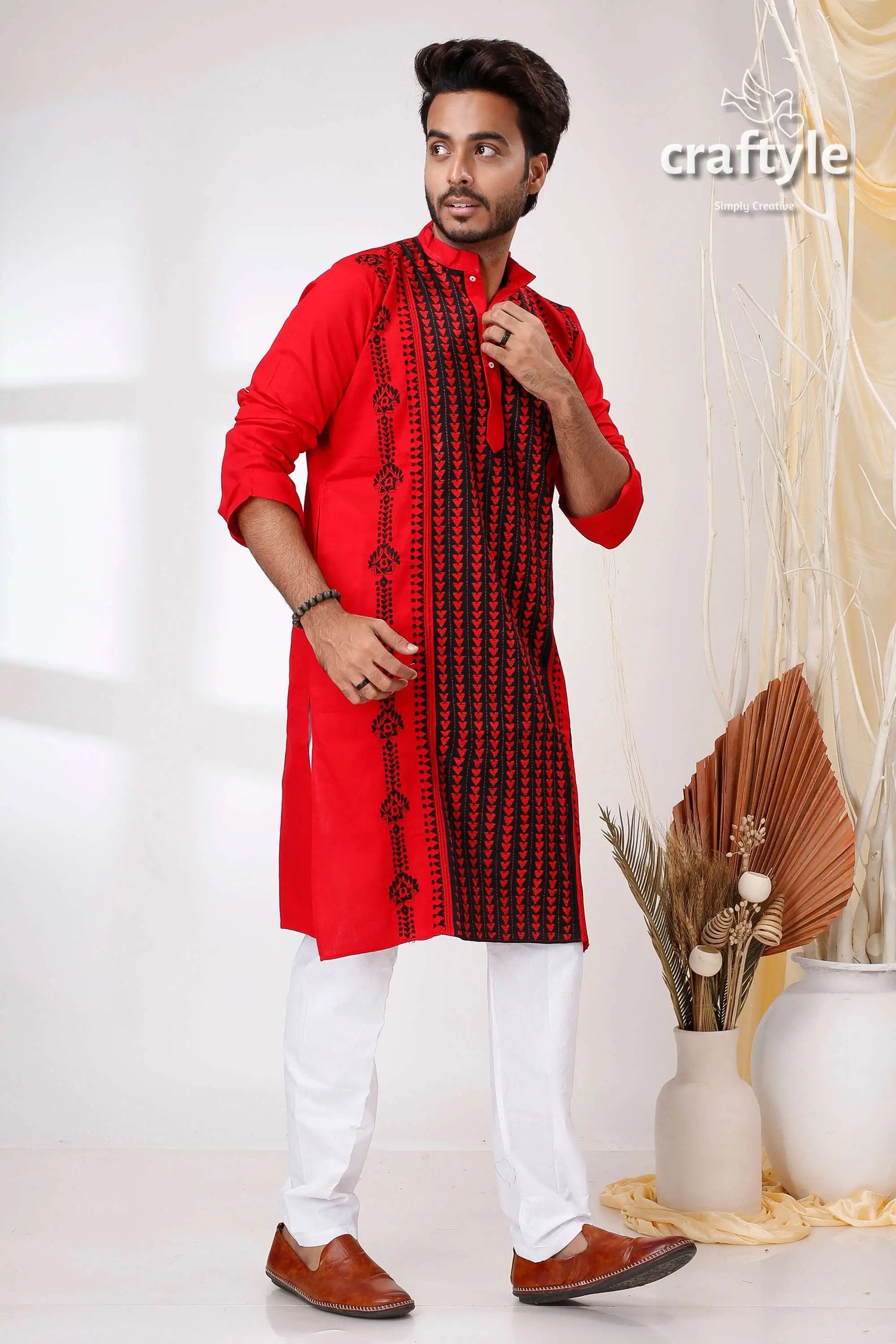 Crimson and black kantha work cotton punjabi for men red embroidered kurta white pants 4
