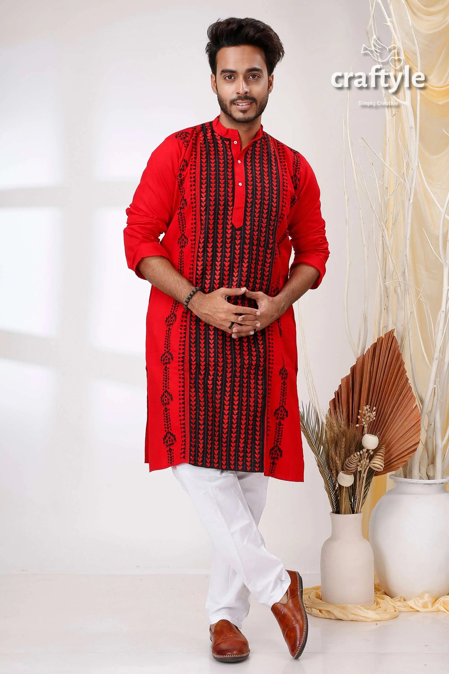 Crimson and black kantha work cotton punjabi for men red embroidered kurta white pants 1