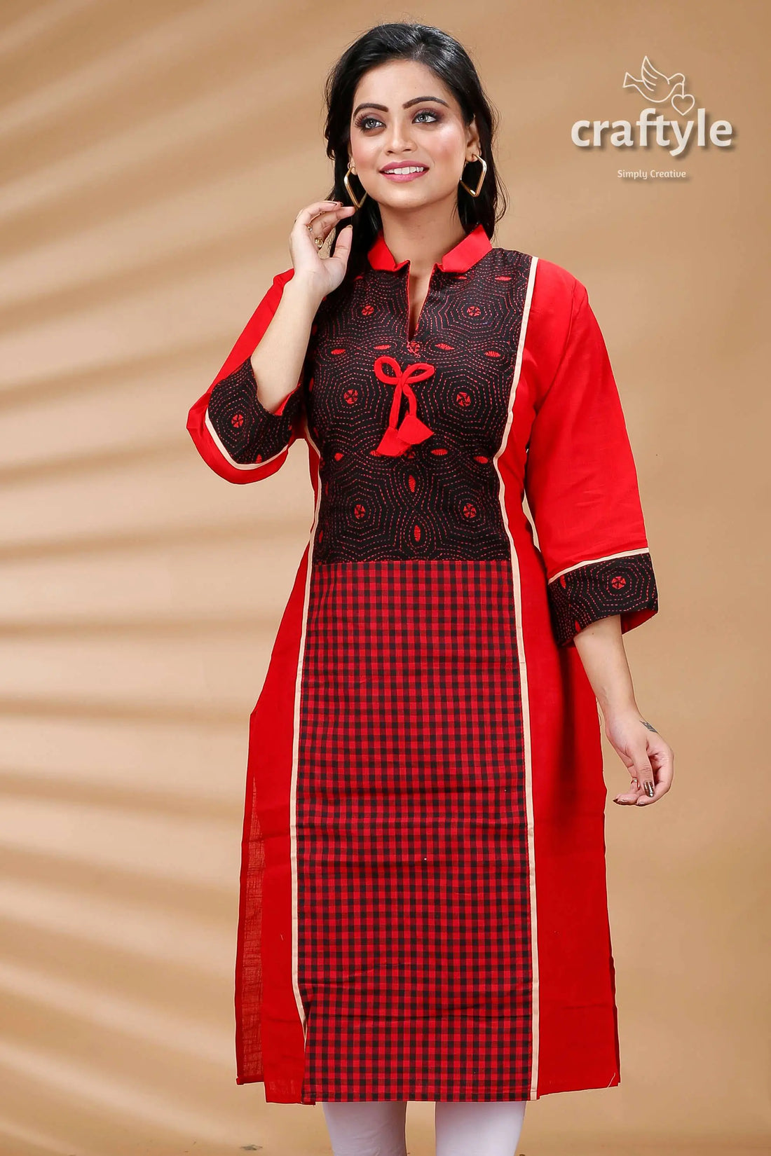 Crimson Red and Black Check Designer Cotton Kantha Kurti - Craftyle