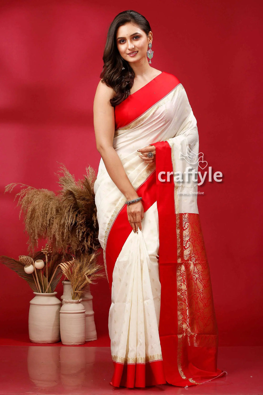 Crimson red and white gorod silk saree with golden zari embellishment elegant white red saree 1
