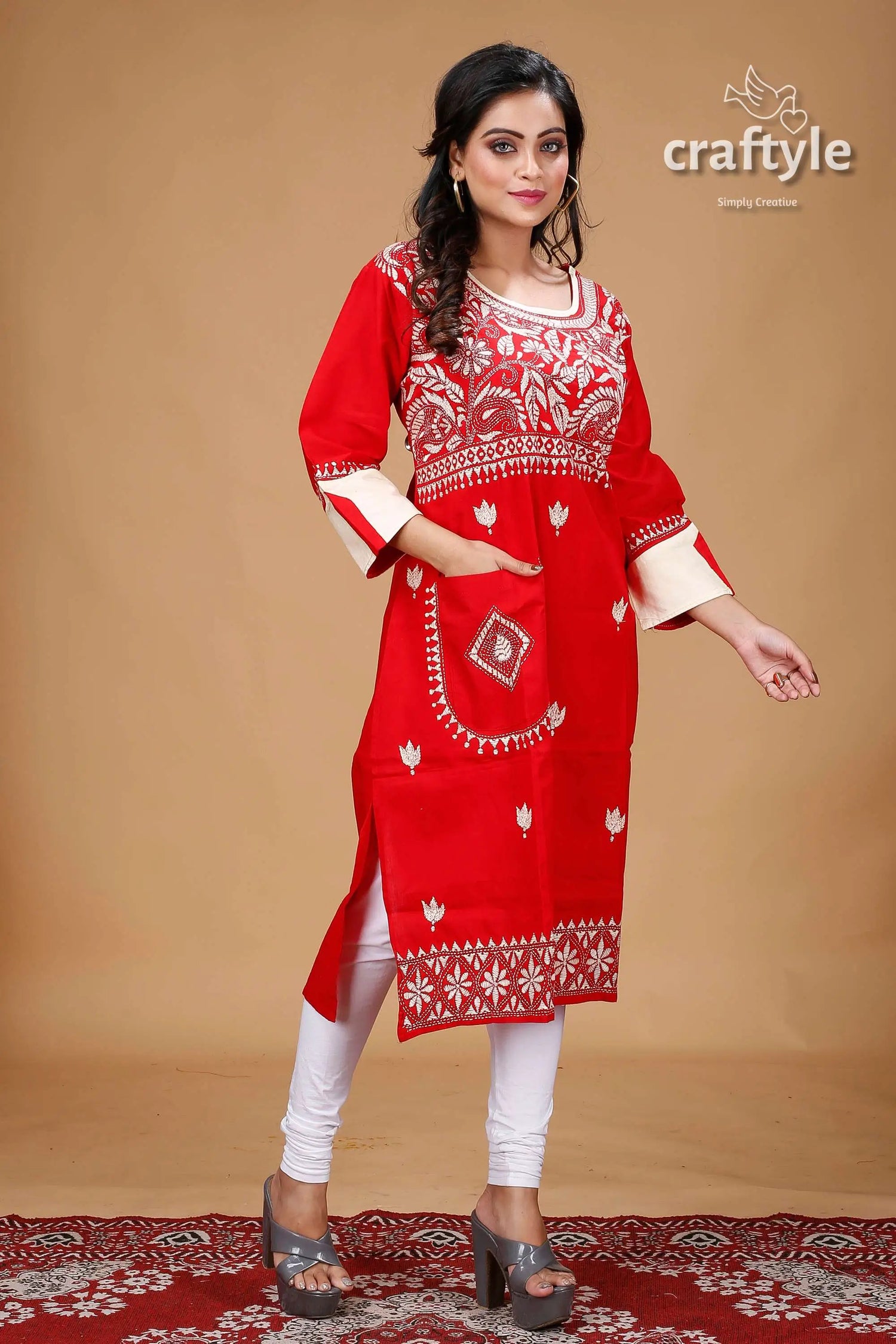 Crimson red beige thread work kantha fusion cotton kurti red embroidered kurta pocket 4