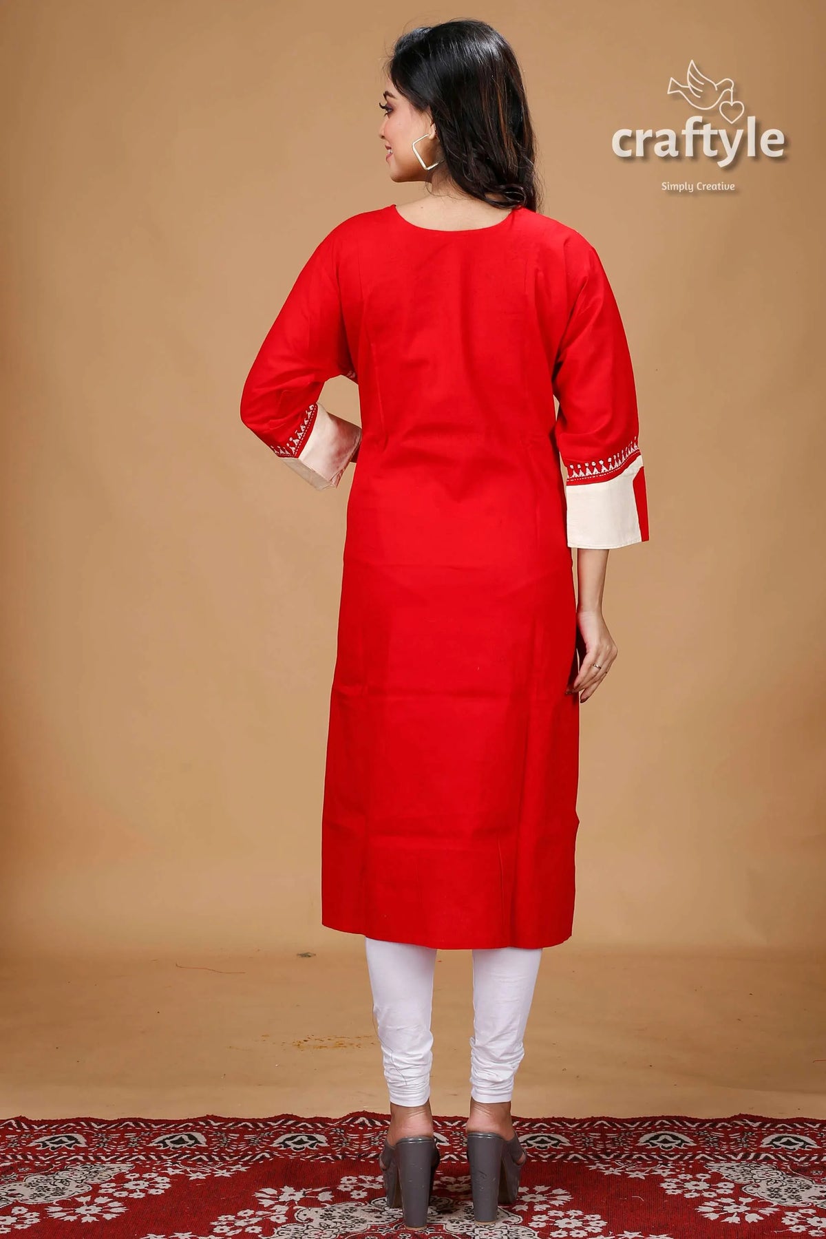 Crimson red beige thread work kantha fusion cotton kurti kurta white accents 5