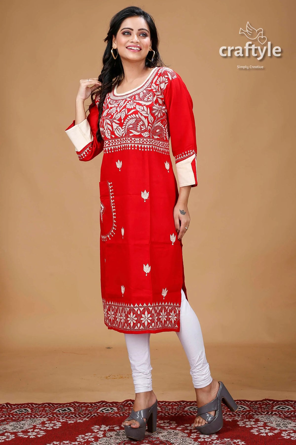 Crimson red beige thread work kantha fusion cotton kurti embroidered tunic 3