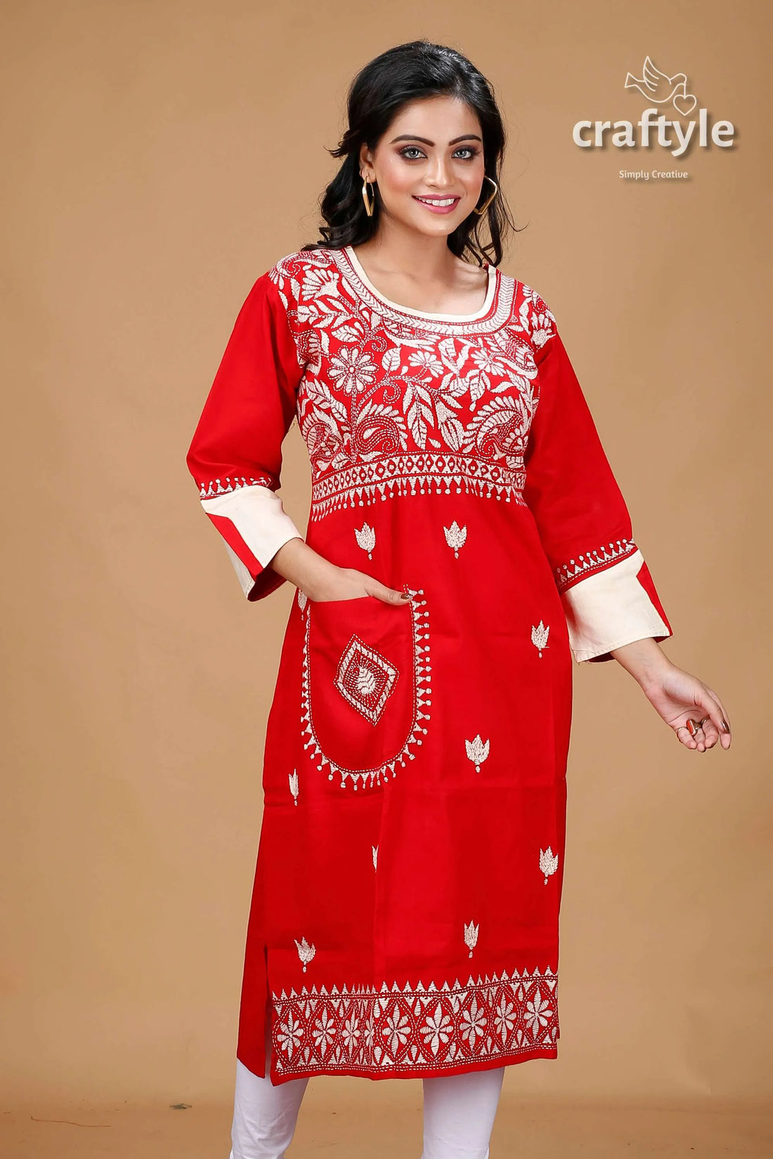 Crimson red beige thread work kantha fusion cotton kurti embroidered kurta 2