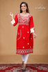 Crimson red beige thread work kantha fusion cotton kurti red embroidered kurta white leggings 1