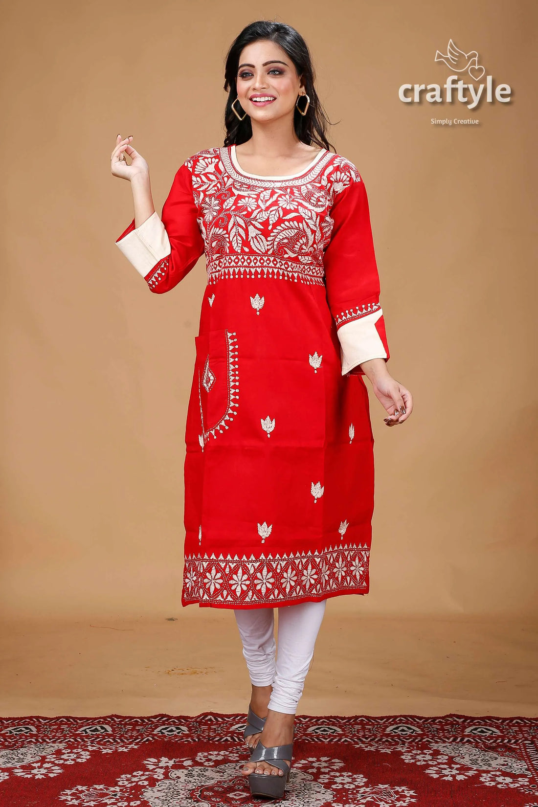 Crimson red beige thread work kantha fusion cotton kurti embroidered kurta white leggings 1