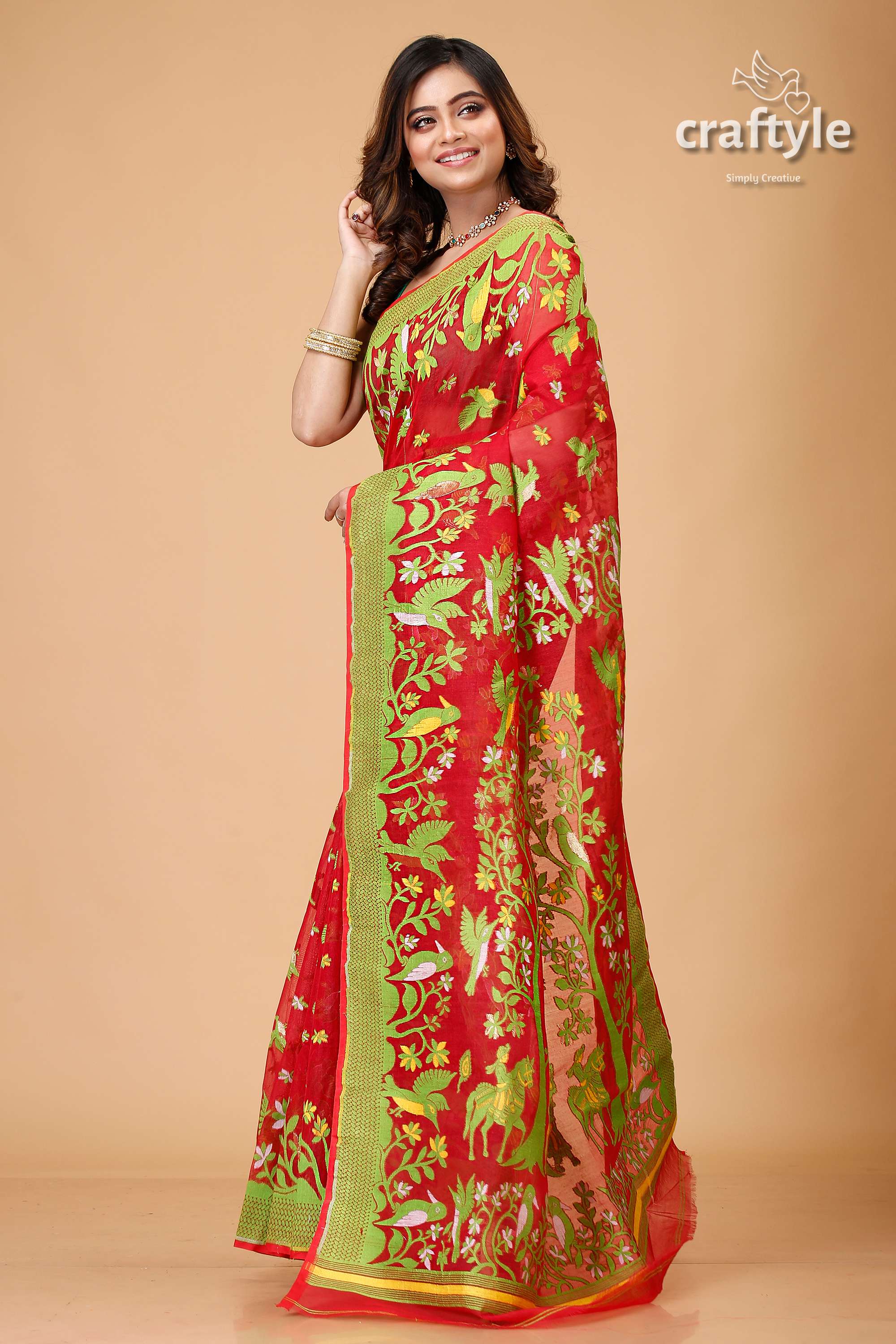 Crimson Red Bengal Handloom Jamdani Saree-Craftyle