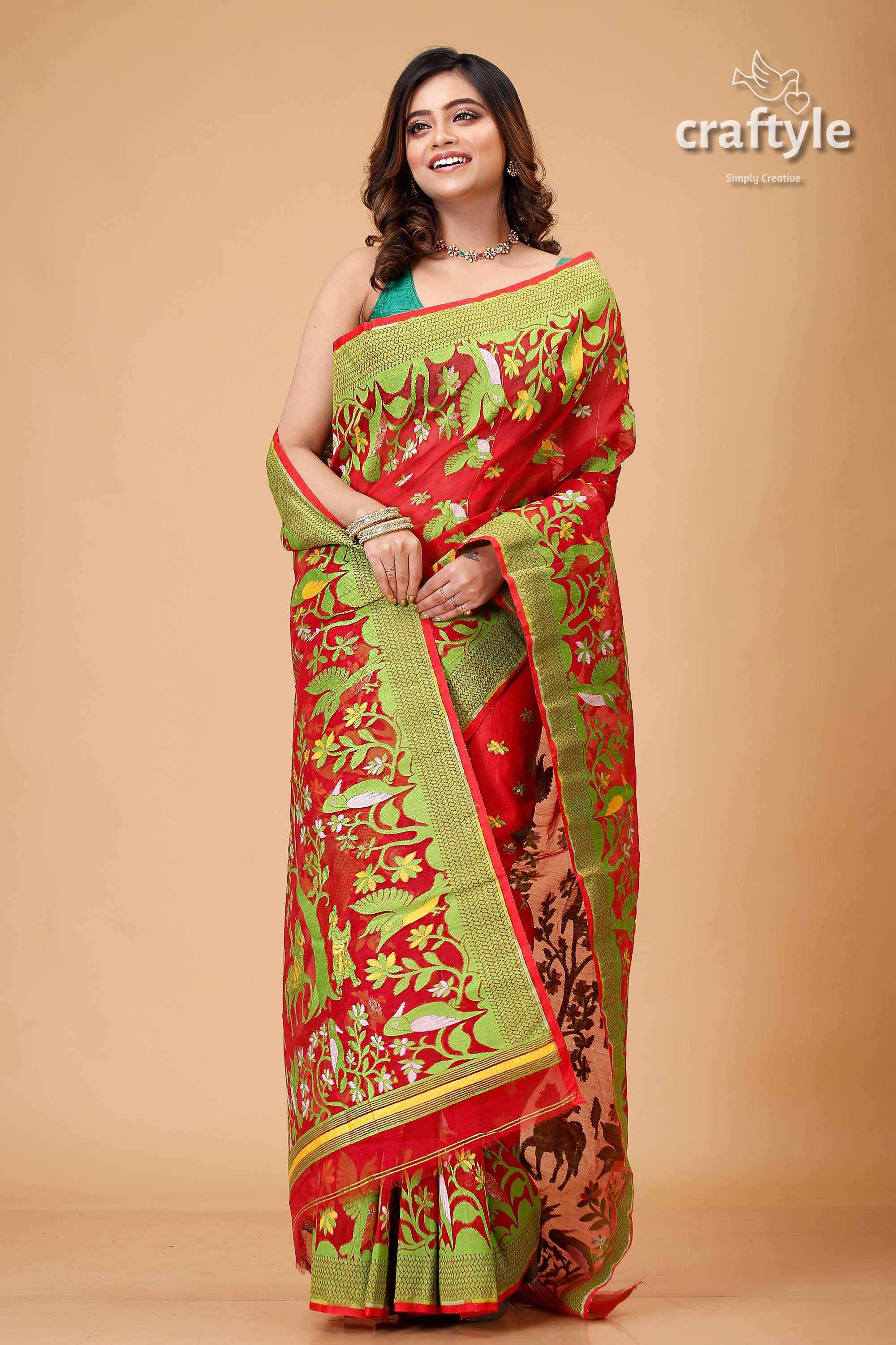 Crimson Red Bengal Handloom Jamdani Saree-Craftyle