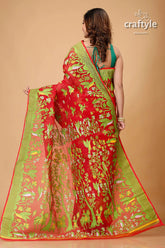 Crimson red bengal handloom jamdani saree red saree green border tree 5